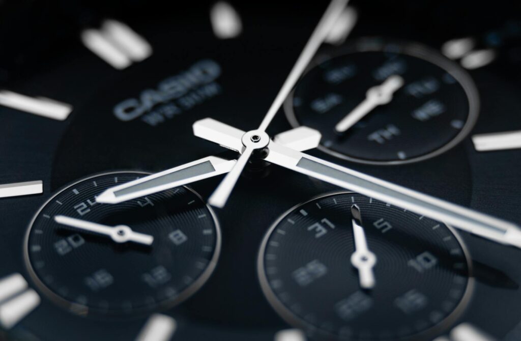 Detailed view of a chronograph watch showing time and design features.